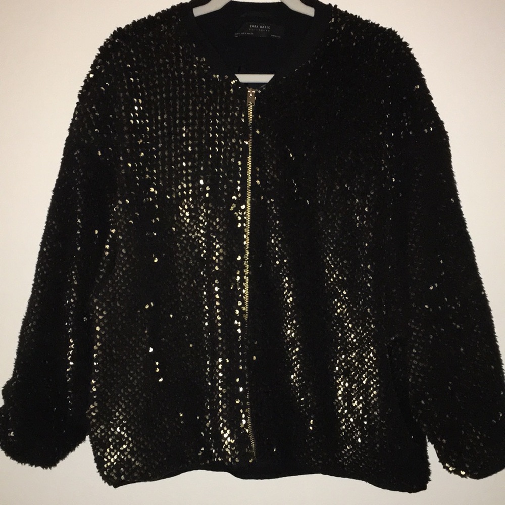 Zara oversized faux fur sequin bomber jacket
